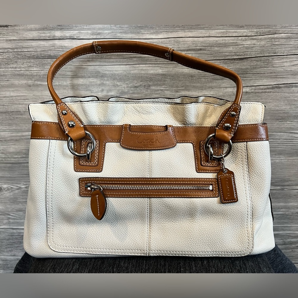Coach White and Toffee Tan Pebbled Leather Large Shopper Satchel Bag. Like New.